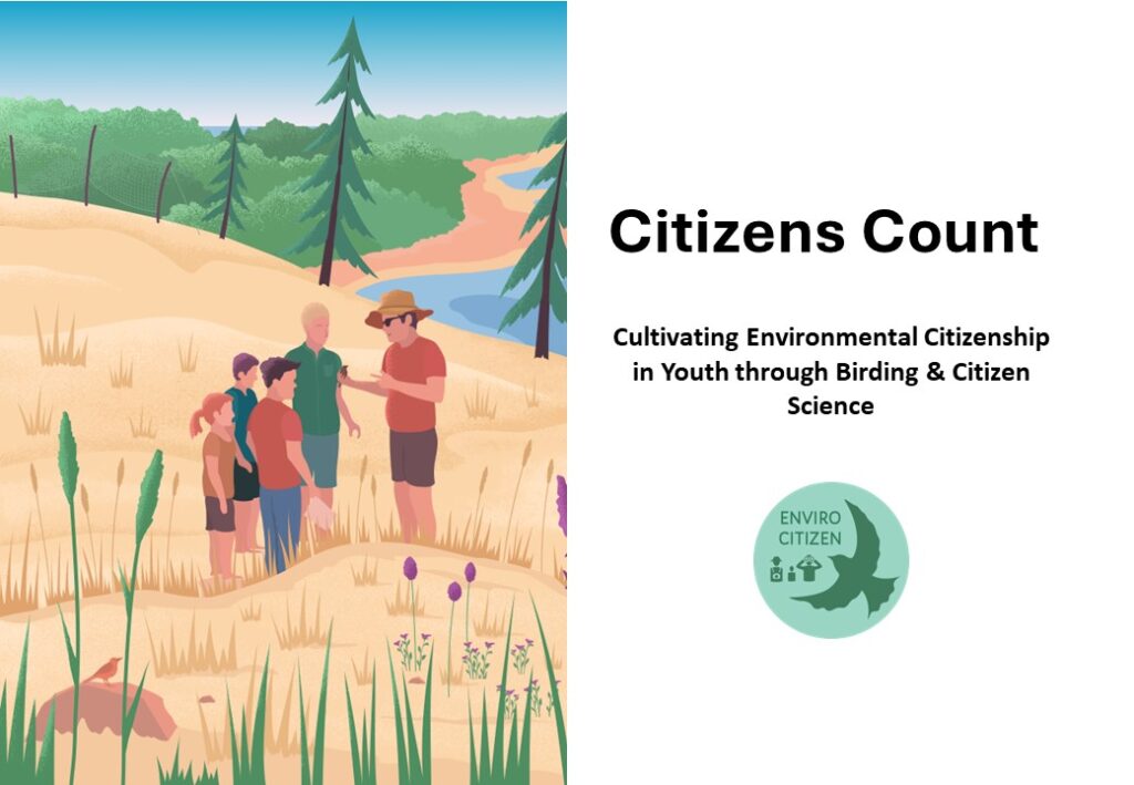 Cover of the Citizens Count brochure that shows an image of a birder explaining birds to a group of people. The text says "Citizens Count: Cultivating Environmental Citizenship in Youth through Birding and Citizen Science."