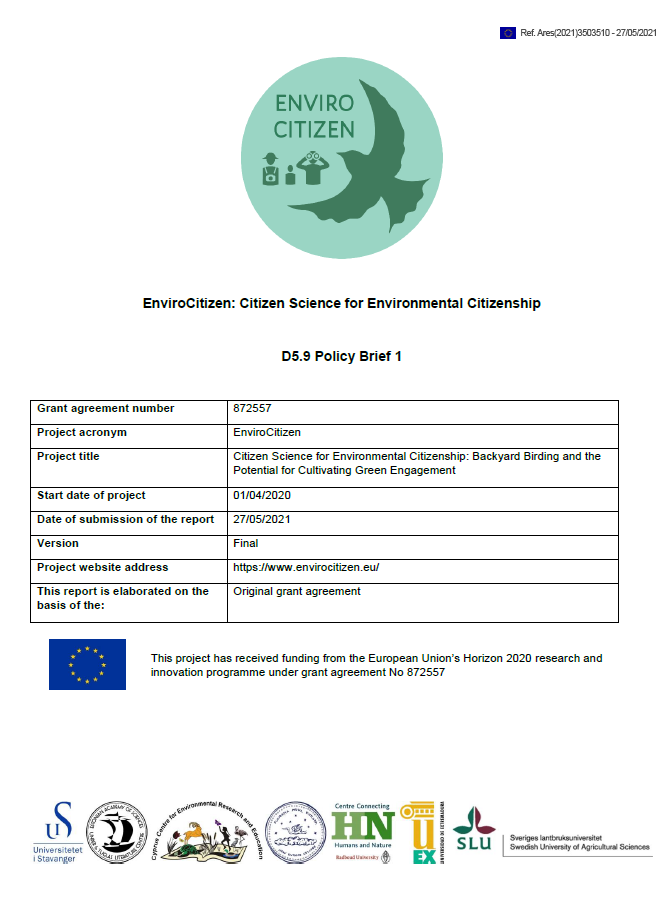 Cover of document "Policy Brief 1" with EU acknowledgement of funding and project partner logos on it