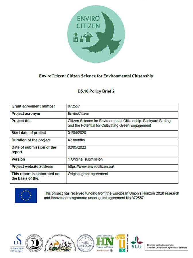 Cover of document "Policy Brief 2" with EU acknowledgement of funding and project partner logos on it