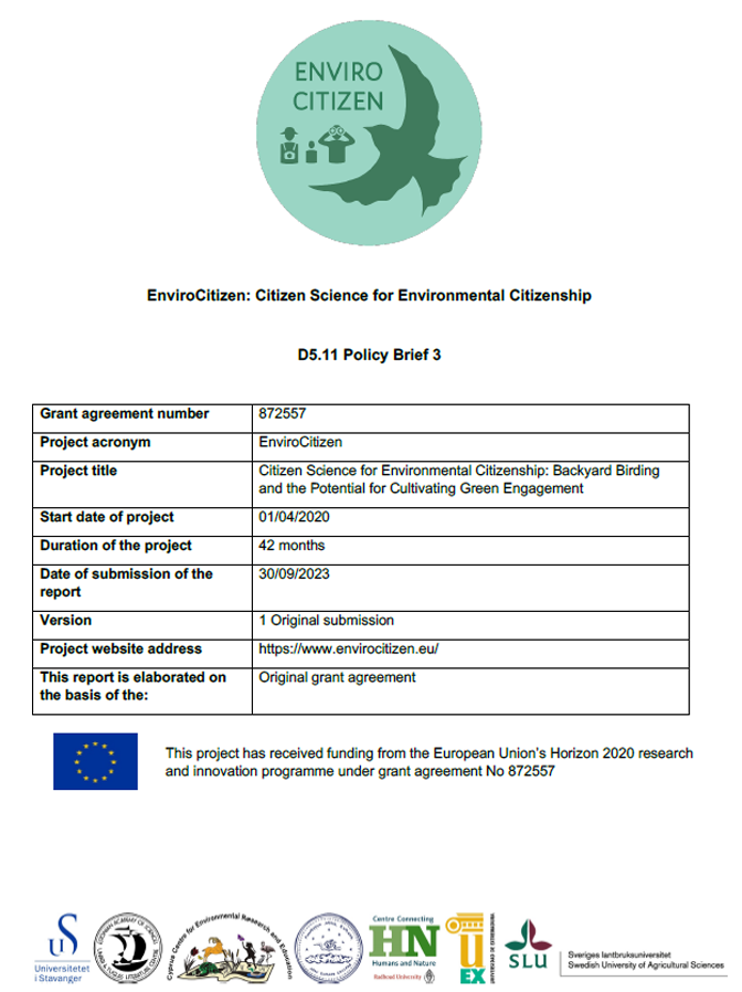Cover of document "Policy Brief 3" with EU acknowledgement of funding and project partner logos on it